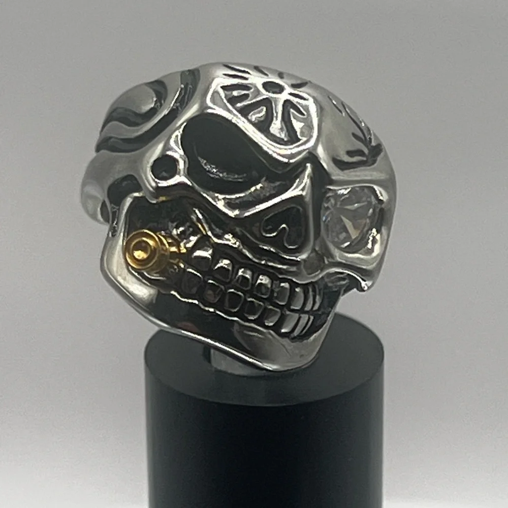 Brand New Silver Skull Ring with Black and Gold Accents